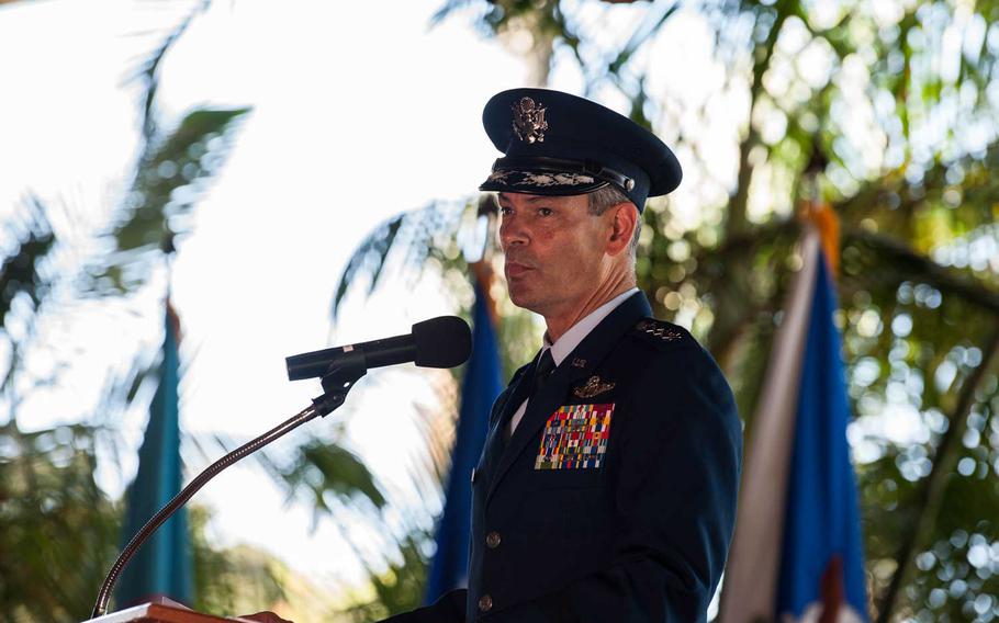 Gen. Kenneth Wilsbach speaks after taking command of Pacific Air Forces at Joint Base Pearl Harbor-Hickam, Hawaii, July 8, 2020.