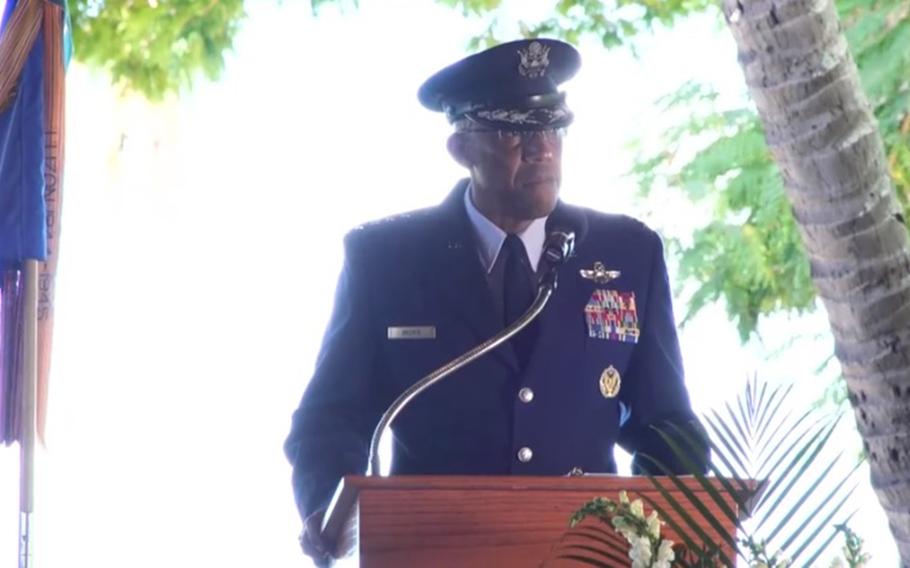 Gen. Charles Brown Jr., who will become the 22nd Air Force chief of staff next month, gives his final speech as Pacific Air Forces commander at Joint Base Pearl Harbor-Hickam, Hawaii, June 8, 2020.