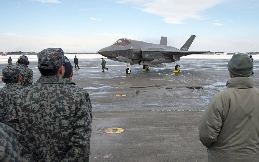 The Japan Air Self-Defense Force's first F-35A stealth fighter arrives at Misawa Air Base, Japan, Jan. 26, 2018.