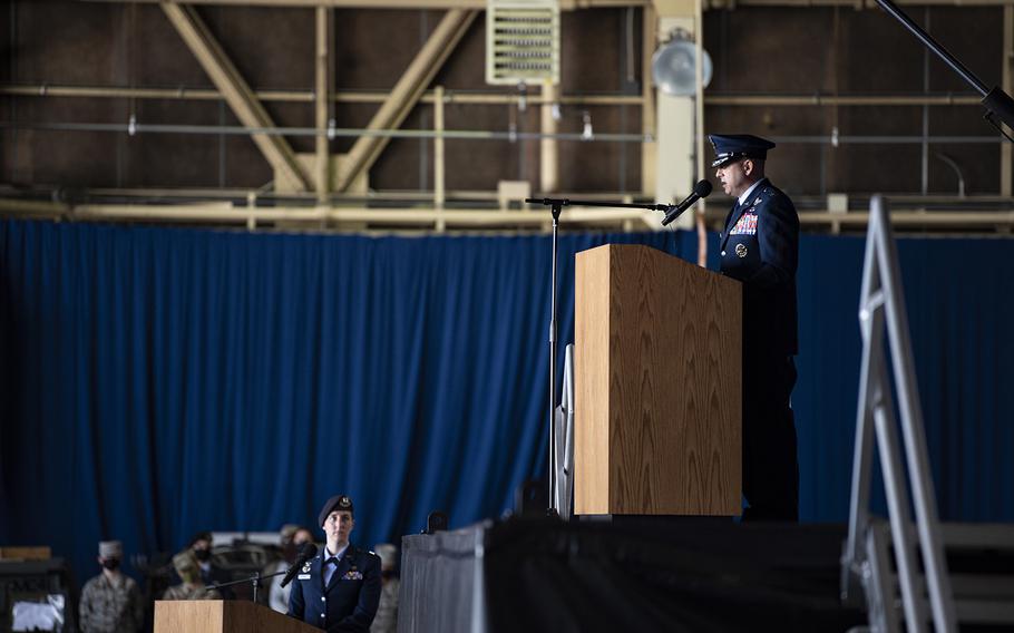 Col. Jesse Friedel speaks to airmen after taking command of the 35th Fighter Wing at Misawa Air Base, Japan, Monday, July 13, 2020. Before arriving in Japan, he served as vice commander of the 51st Fighter Wing at Osan Air Base, South Korea.