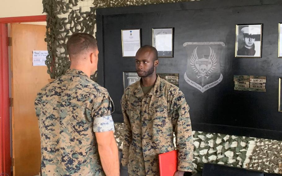 Sgt. James Jayqon Parker, right, is promoted to sergeant in this image posted May 7, 2020, in what he called a surprise ceremony on his Facebook page. Parker died after drowning off Marine Corps Base Hawaii’s Pyramid Rock Beach on June 28. Loved ones remembered Parker's sense of humor and kinship during a recent memorial service.