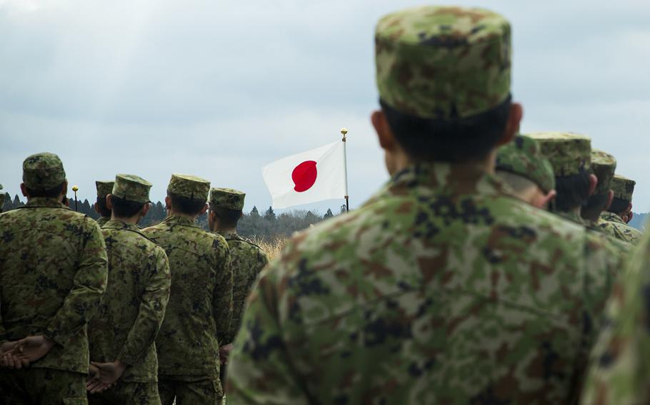 Japan Ground Self-Defense Force members stand in formation during the opening ceremony for the Forest Light exercise at Camp Oyanohara in Kyushu, Japan, Jan. 18, 2020.