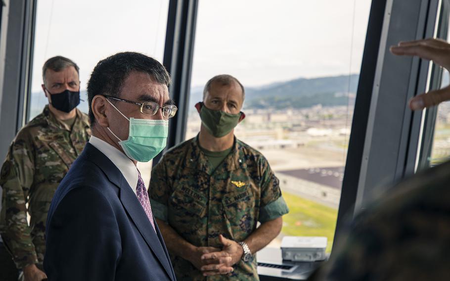 Japanese Defense Minister Taro Kono visits Marine Corps Air Station Iwakuni, Japan, June 20, 2020.