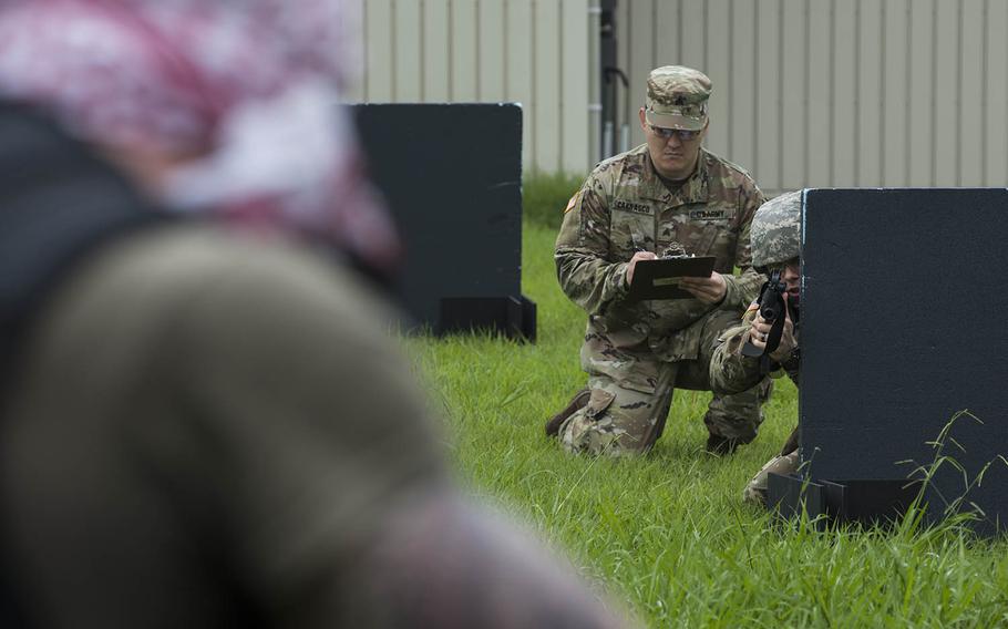 Soldiers take part in a best-warrior competition for U.S. Army Japan at Sagami General Depot outside Tokyo, Tuesday, July 21, 2020.