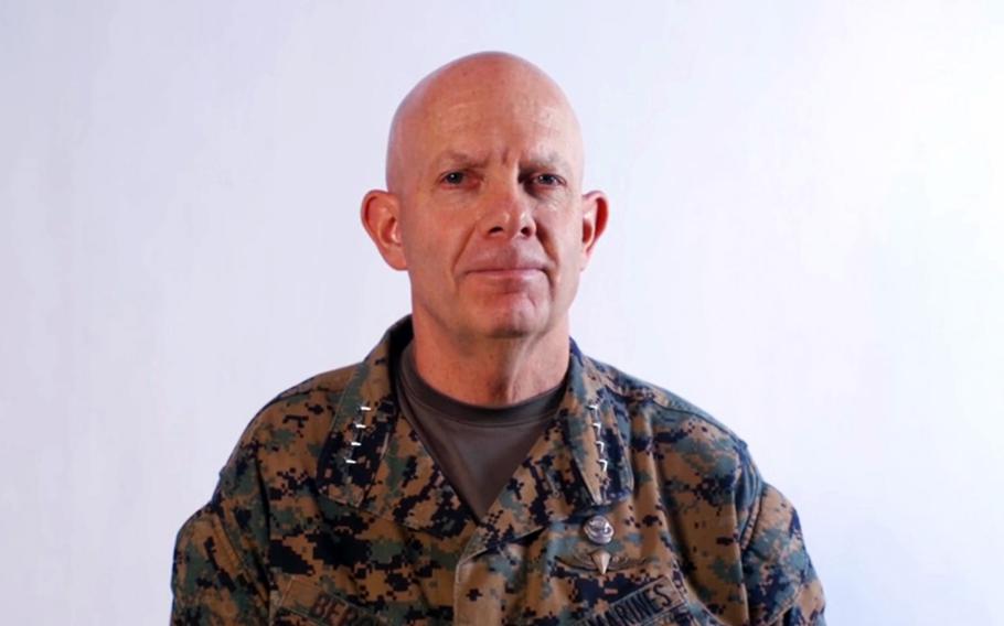 Marine Corps Commandant Gen. David Berger speaks during a virtual change-of-command ceremony for U.S. Marine Corps Forces Pacific, July 16, 2020.