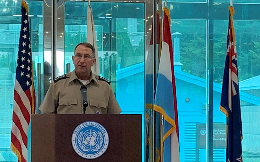 Gen. Robert Abrams, commander of U.S. Forces Korea and United Nations Command, marks the 67th anniversary of the end of the Korean War during a speech on the South Korean side of the truce village of Panmunjom, Monday, July 27, 2020.