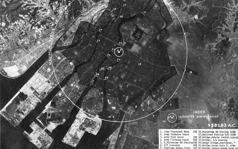 A photograph of damage done to Hiroshima, Japan, on Aug. 6, 1945, and delivered Aug. 8, 1945, to President Harry Truman as part of the first report of the effects of the atomic bomb.