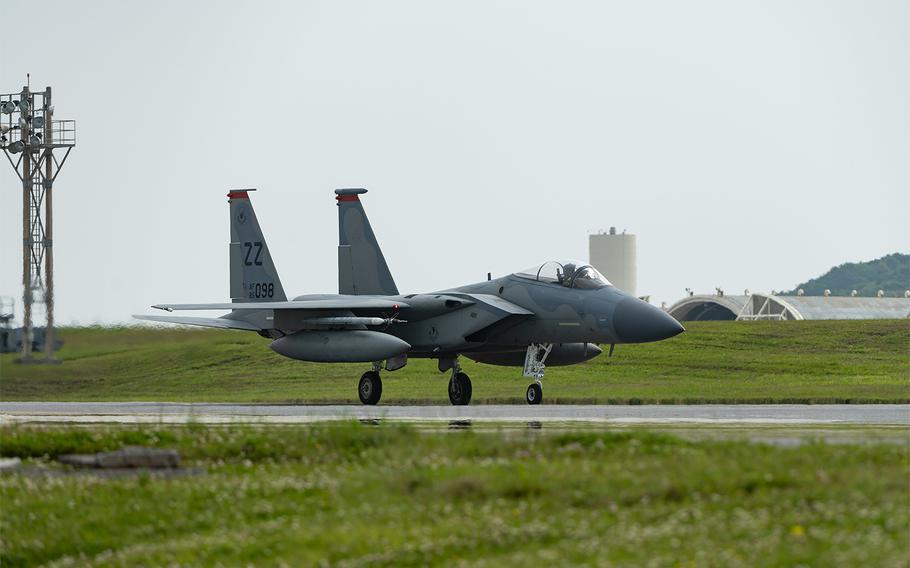 An F-15C Eagle taxis on the runway at Kadena Air Base, Okinawa, April 3, 2020.