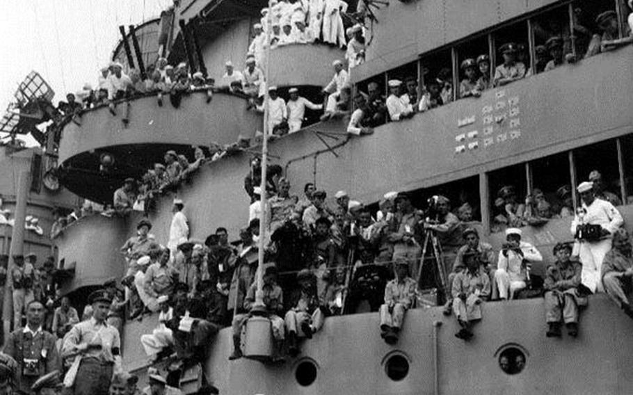 American troops cram aboard the USS Missouri on Sept. 2, 1945, to witness the official surrender of Japan that ended World War II.