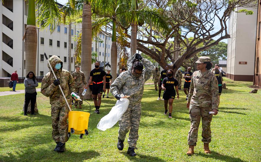 Soldiers undergo coronavirus disinfection training at Schofield Barracks, Hawaii, May 8, 2020.