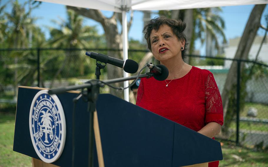 Guam Gov. Lou Leon Guerrero speaks during a Memorial Day ceremony at the veterans cemetery in Piti, Guam, May 27, 2019.