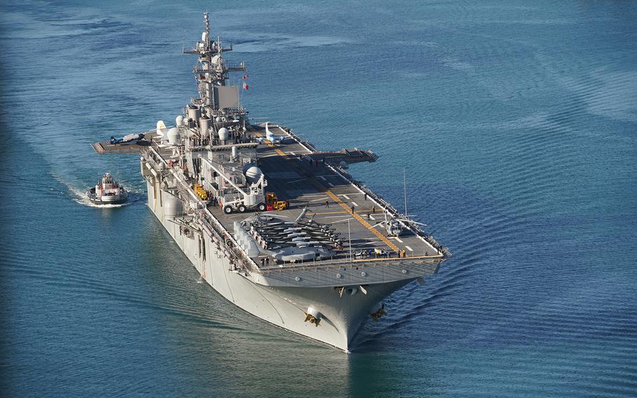 The USS Essex arrives in Hawaii on Aug. 10, 2020, for participation in the Rim of the Pacific maritime exercise running through the end of the month.