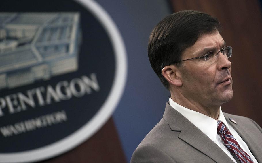 Secretary of Defense Mark Esper speaks to reporters at the Pentagon, March 2, 2020. 