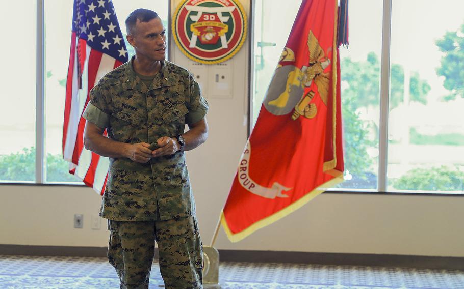 Marine Corps Brig. Gen. Brian Wolford took command of the 3rd Marine Logistics Group during a ceremony at Camp Kinser, Okinawa, Aug. 19, 2020. 