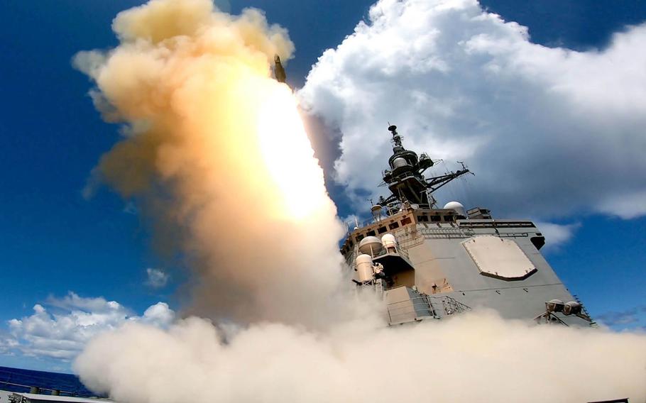 The Japan Maritime Self-Defense Force destroyer JS Ashigara participates in a missile drill during the Rim of the Pacific exercise Aug. 17, 2020, in waters near the Hawaiian Islands. 