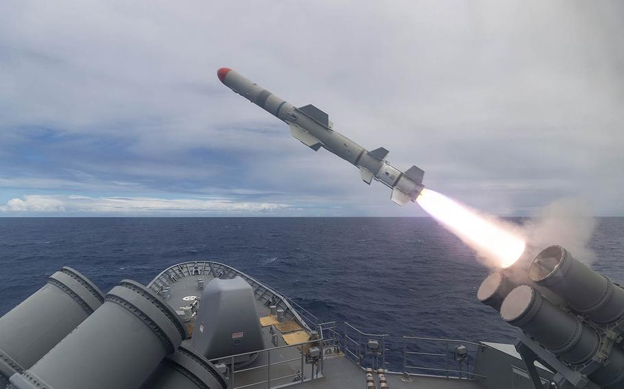 The Royal Australian Navy ship HMAS Stuart fires a Harpoon missile somewhere in the Pacific Ocean during the Rim of the Pacific exercise, Aug. 30, 2020. Royal Australian Navy
