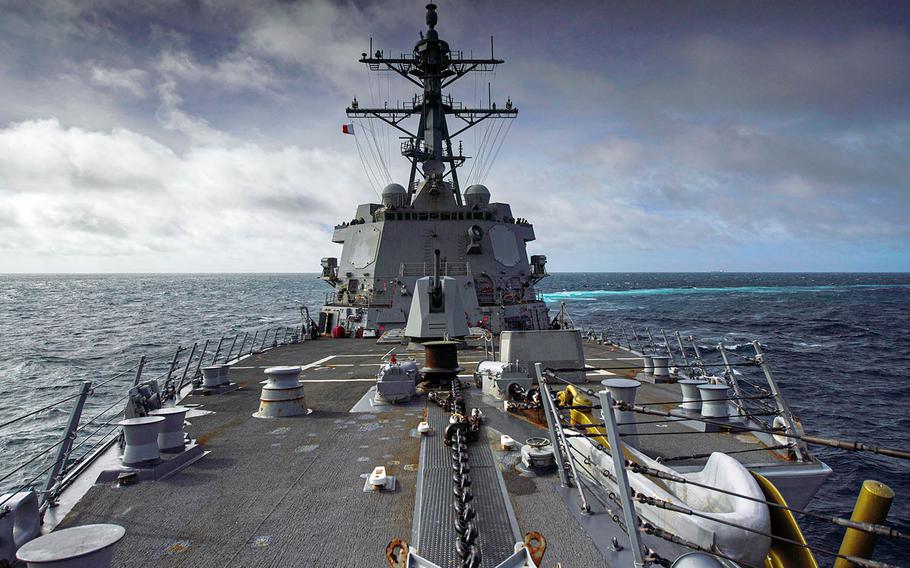 The guided-missile destroyer USS Halsey steams through the Taiwan Strait, Aug. 30, 2020.