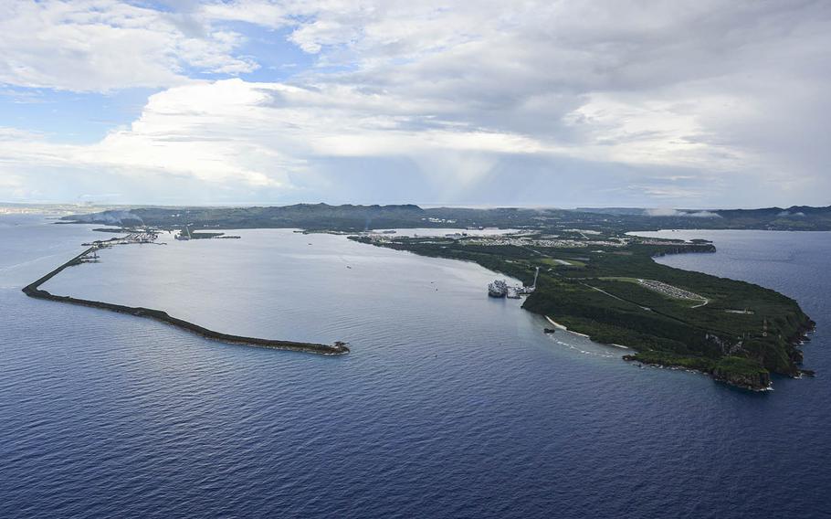 This aerial view of Naval Base Guam shows Apra Harbor on Aug 24, 2020. MacAdam Kane Weissman/U.S. Navy