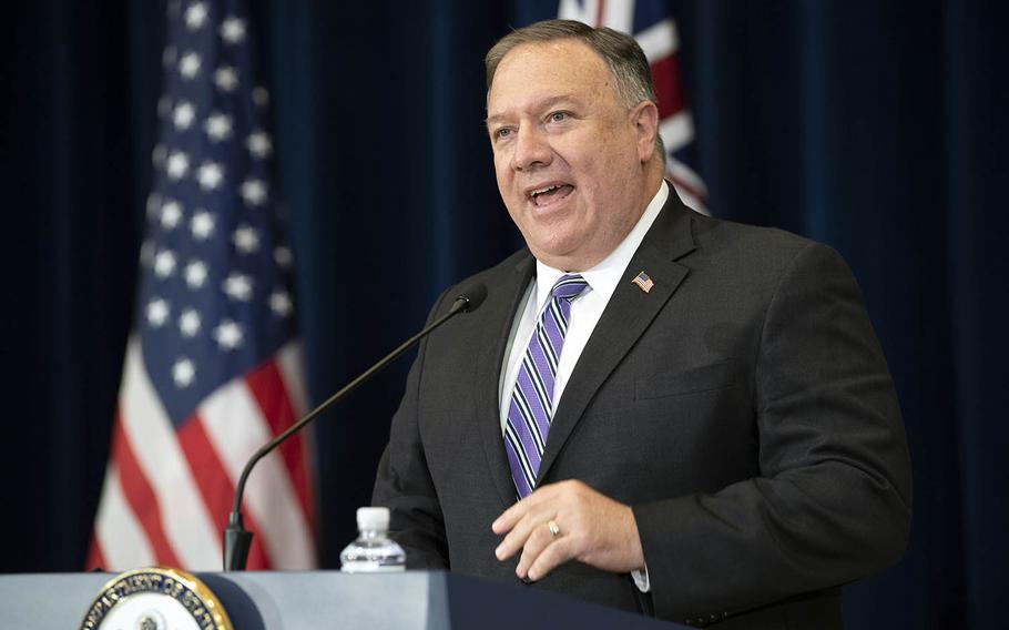 Secretary of State Mike Pompeo, seen here in July in Washington, D.C., has called on Association of Southeast Asian Nations to not allow China to bully them in the South China Sea.