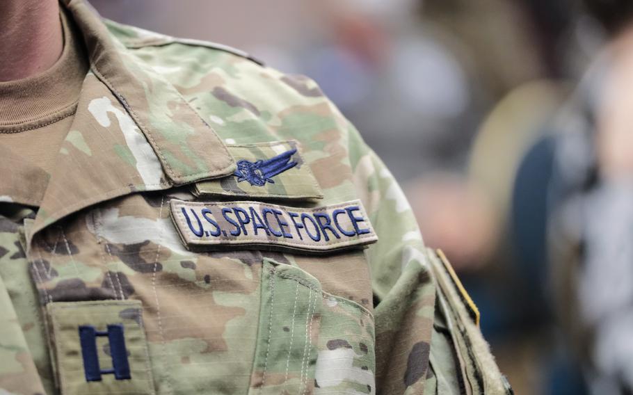 Capt. Sean Sherlock wears his new U.S. Space Force tape during his commissioning ceremony at Osan Air Base, South Korea, Monday, Sept. 14, 2020.