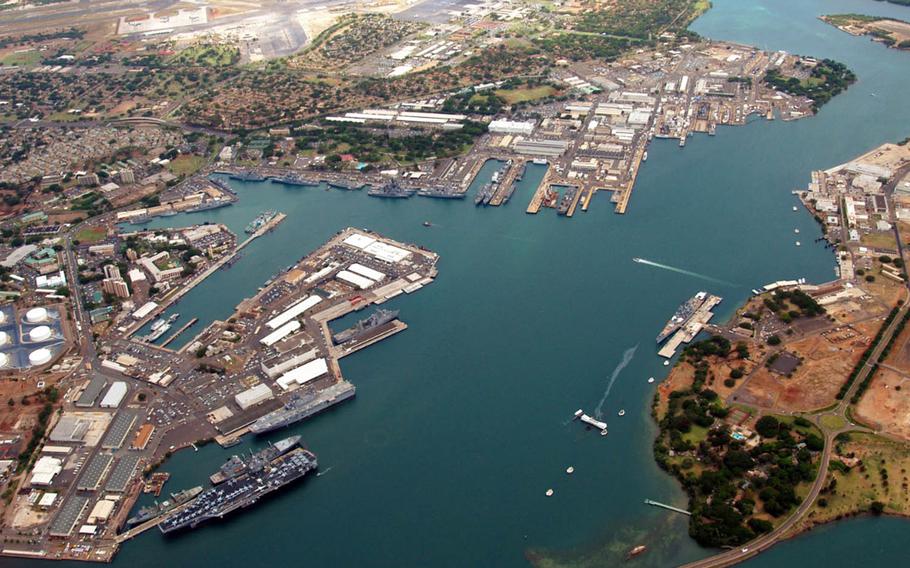 The Navy has proposed rebuilding a submarine dry dock at Pearl Harbor Naval Shipyard, shown in the uppermost peninsula in this undated photograph of Pearl Harbor, Hawaii.