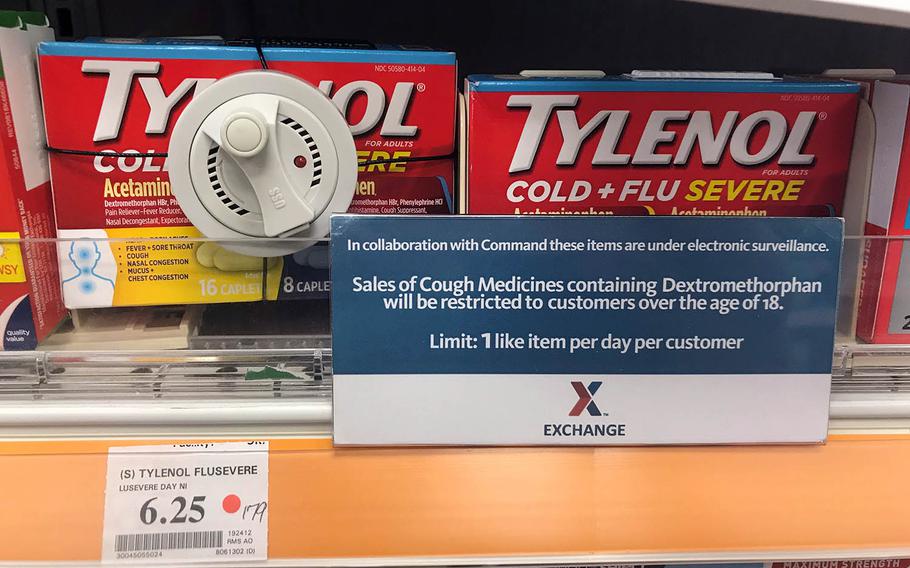 A sign at an exchange store at Camp Foster, Okinawa, warns customers about age and purchase limits for medications containing dextromethorphan, Sept. 10, 2020.