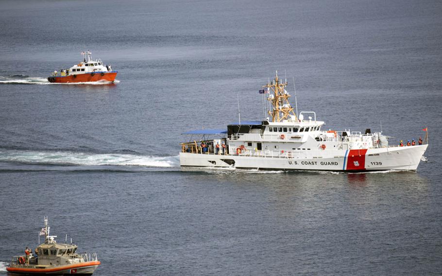 Coast Guard cutter Myrtle Hazard steams through Apra Harbor before arriving at its new homeport in Santa Rita, Guam, on Sept. 24, 2020.