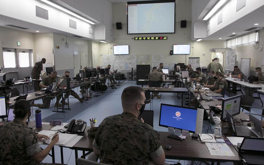 The U.S. military's Joint COVID-19 Response Center on Camp Foster, Okinawa, buzzes with activity on Aug. 27, 2020.