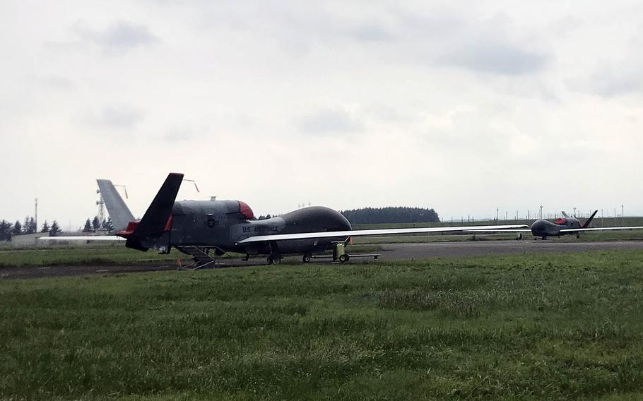 RQ-4 Global Hawks from the the 4th Reconnaissance Squadron are seen at Yokota Air Base, Japan, Sept. 21, 2020.