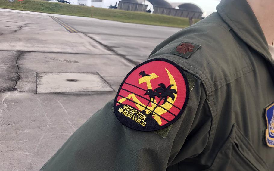 Members of the Air Force's 18th Aggressor Squadron wear Soviet-inspired patches during training at Andersen Air Force Base, Guam, in February 2020.