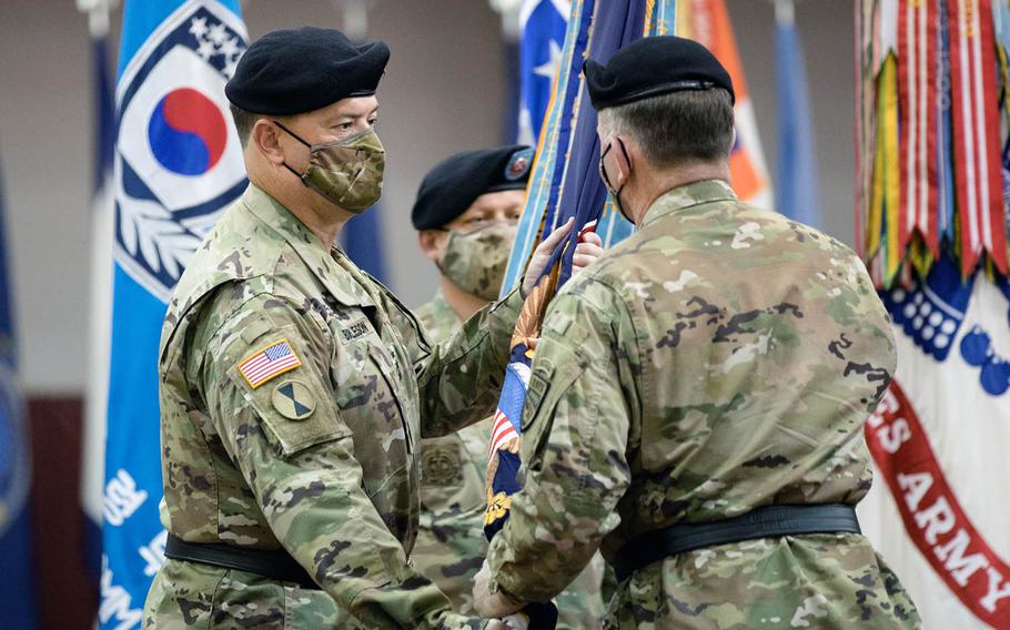 Lt. Gen. Willard "Bill" Burleson, left, is Eighth Army's new commanding general following a change-of-command ceremony on Camp Humphreys, South Korea, on Oct. 2, 2020.