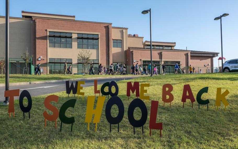 A colorful sign welcomes students to Osan Elementary School on Osan Air Base, South Korea, Monday, Oct. 5, 2020.