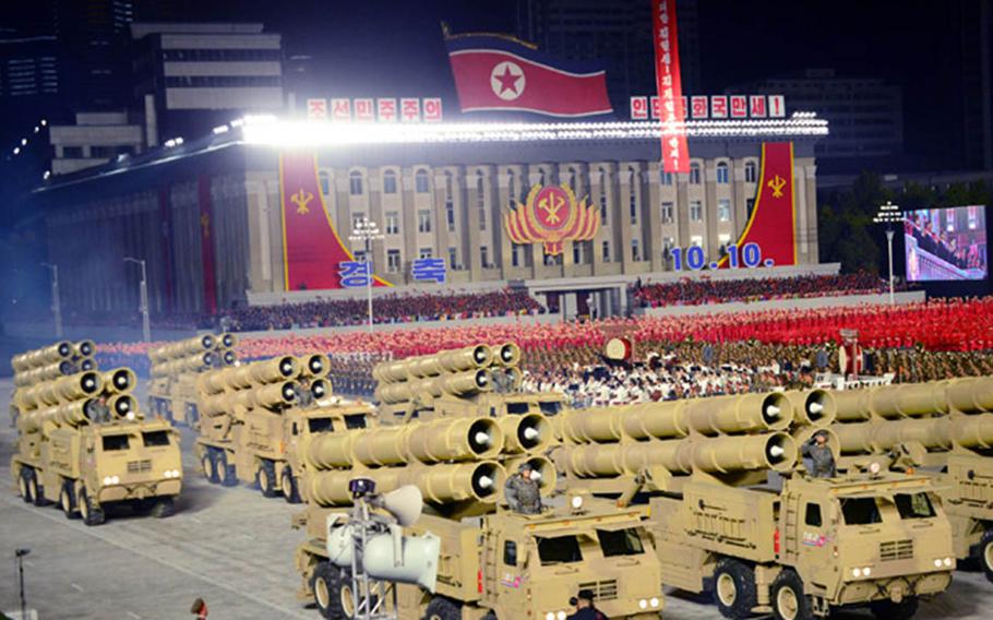 North Korea holds a massive military parade to mark the 75th anniversary of the founding of the country's ruling Workers' Party, Saturday, Oct. 10, 2020.