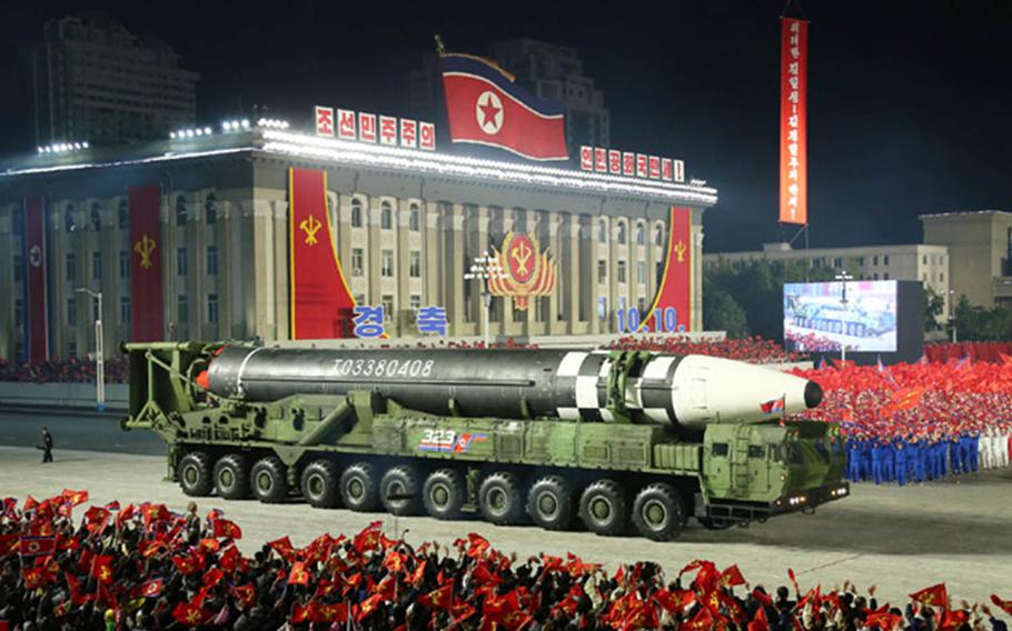 North Korea shows off what appears to be its largest intercontinental ballistic missile, Saturday, Oct. 10, 2020, during a military parade to mark the 75th anniversary of the founding of the country's ruling Workers' Party.