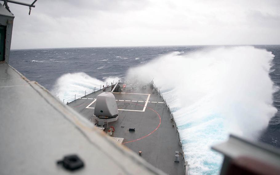 The guided-missile destroyer USS Barry sails through the Taiwan Strait, Wednesday, Oct. 14, 2020.