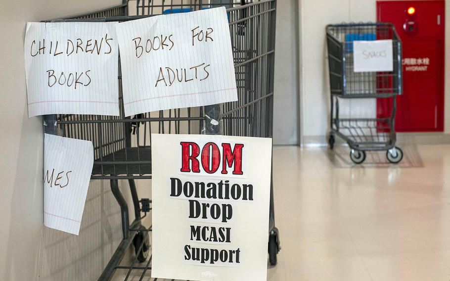 A donation drop for those under restriction of movement, or ROM, because of the coronavirus pandemic is seen at Marine Corps Air Station Iwakuni, Japan, March 19, 2020.