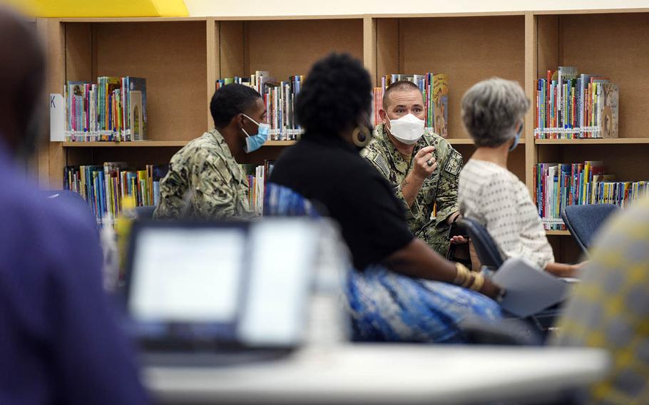 Local military leaders participate in a COVID-19 tabletop exercise with Department of Defense Education Activity at William C. McCool Elementary and Middle School, Oct. 1, 2020.