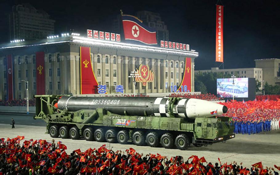 North Korea shows off what appears to be its largest intercontinental ballistic missile during a military parade on Oct. 10, 2020.