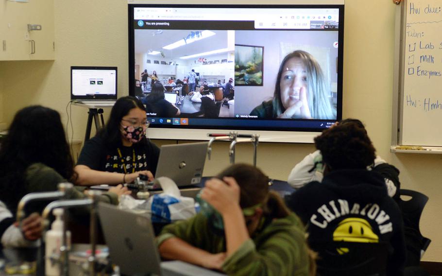 Kadena High School biology teacher Melody Swanson teaches her students via a video link from the United States, Monday, Oct. 26, 2020.