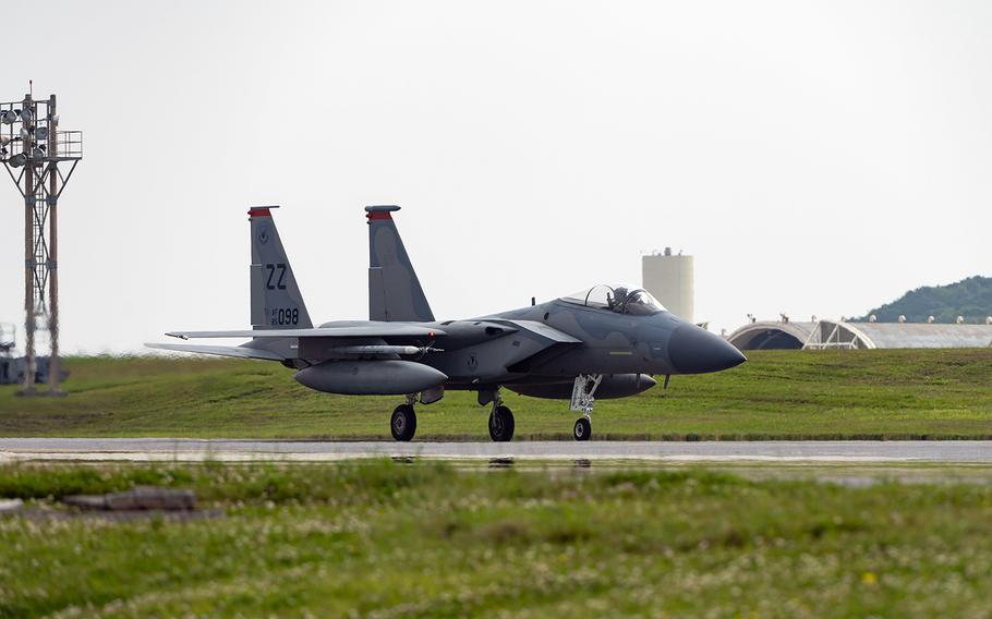 An F-15C Eagle taxis at Kadena Air Base, Japan, on April 3, 2020.
