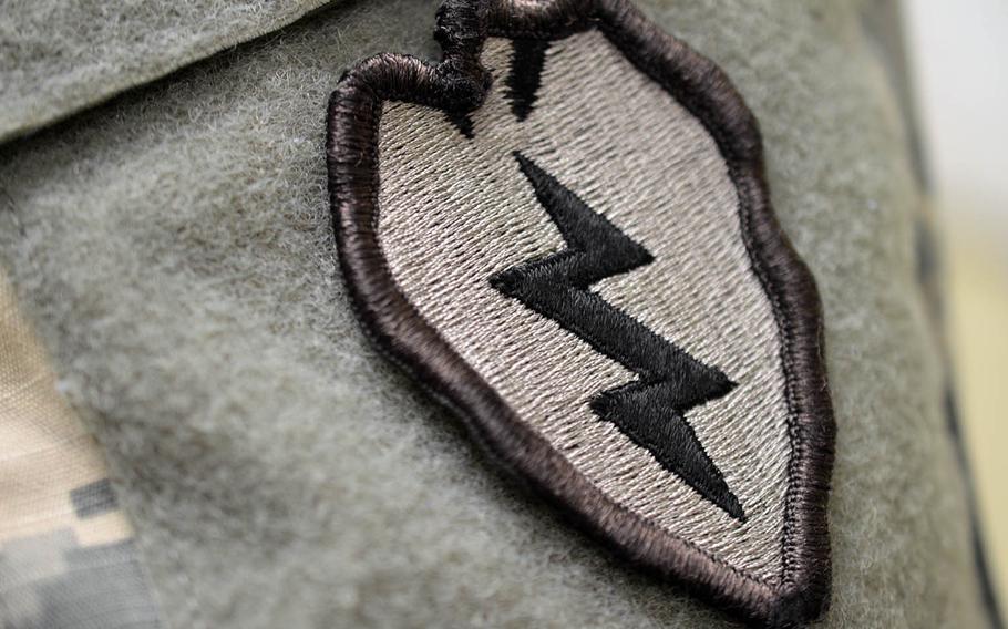 A 25th Infantry Division patch is pictured in 2015 at Schofield Barracks, Hawaii.