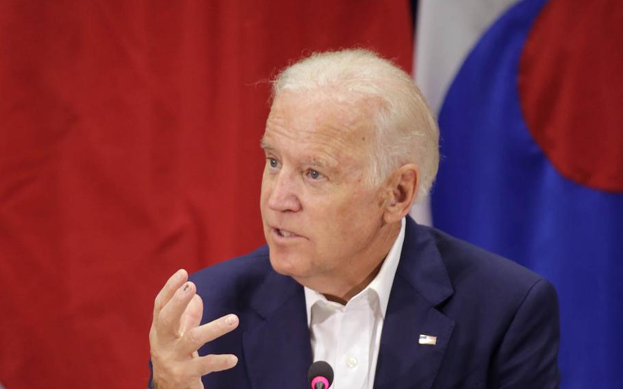 Then-Vice President Joseph Biden discusses the the U.S.-Japan-South Korea relationship during a trilateral meeting at the Daniel K. Inouye Asia-Pacific Center for Security Studies in Honolulu, Hawaii, July 14, 2016.