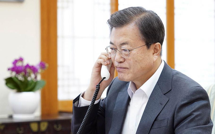 South Korean President Moon Jae-in speaks with President-elect Joe Biden from the Blue House in Seoul, South Korea, Thursday, Nov. 12, 2020.