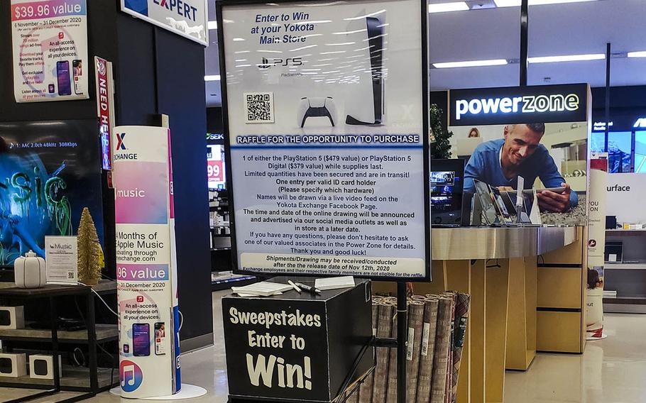 A sweepstakes box offers the chance to purchase a PlayStation 5 console from the exchange at Yokota Air Base, Japan, Wednesday, Nov. 11, 2020.