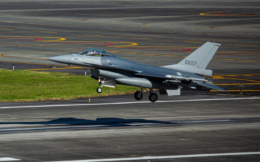 A Taiwanese F-16 Fighting Falcon fighter jet lands at Hualien Air Force Base on Saturday, Aug. 6, 2022, in Hualien, Taiwan. 