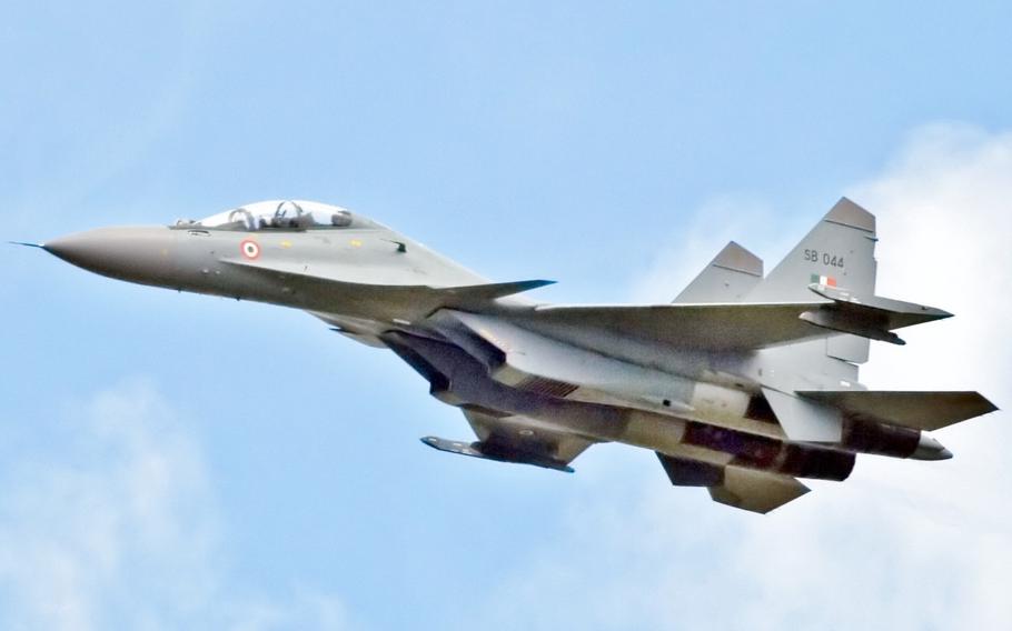 The Sukhoi Su-30 MKI (NATO reporting name Flanker-H) heavy class, long-range, multi-role, air superiority fighter and strike fighter, in Indian Air Force insignia.