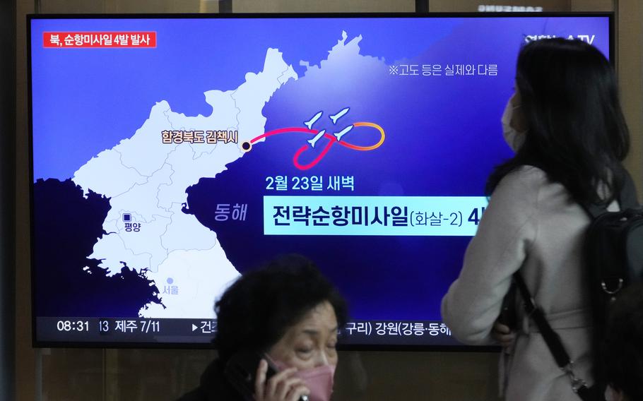 A TV screen displayed at the Seoul Railway Station in South Korea shows a news program reporting on North Korea’s missile launch Friday, Feb. 24, 2023. North Korea on Friday said that it test-fired long-range cruise missiles in waters off its eastern coast a day earlier.