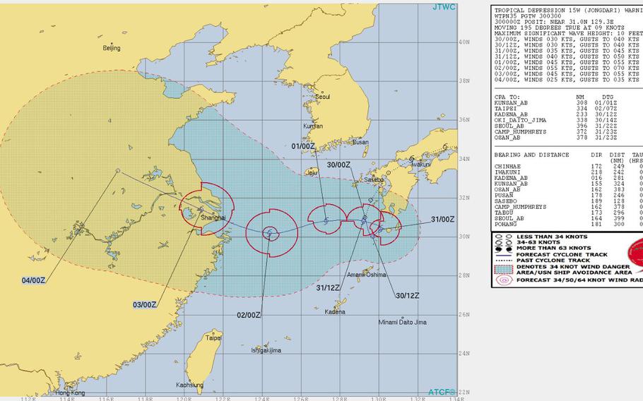 Not much change at the moment. Jongdari remains a tropical depression and on a southwesterly path, but the Joint Typhoon Warning Center's latest forecast track calls for a loop around to the west and toward China.