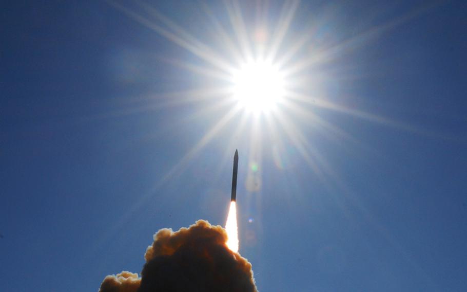 A ground-based interceptor missile lifts off from Vandenberg Air Force Base in 2008.