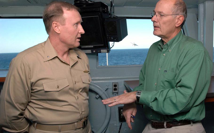 U.S. Navy Rear Adm. Frank Pandolfe, then commander of Carrier Strike Group 2, speaks with Harry Smith of CBS News in the flag bridge of USS Theodore Roosevelt while under way in the Gulf of Oman in November, 2008. Pandolfe has been nominated to be the next commander of the Navy’s 6th Fleet